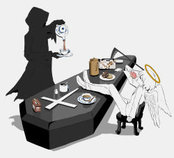 Rule 34 | 1boy, 1other, absurdres, angel, angel wings, avogado6, chair, coffin, commentary, cross, death (entity), doughnut, eating, closed eyes, feathered wings, food, from side, halo, highres, jacket, latin cross, open mouth, original, pants, reclining, scythe, shoes, simple background, sitting, symbolism, teapot, white background, white footwear, white jacket, white pants, white wings, wings