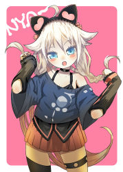 Rule 34 | 1girl, ahoge, animal ears, bad id, bad pixiv id, bare shoulders, blue eyes, blush stickers, braid, cat ears, fake animal ears, ia (vocaloid), kanipanda, long hair, looking at viewer, open mouth, single thighhigh, skirt, solo, thighhighs, twin braids, very long hair, vocaloid
