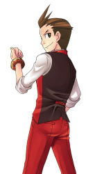 Rule 34 | 1boy, bracelet, brown eyes, brown hair, capcom, from behind, ace attorney, apollo justice: ace attorney, jewelry, male focus, apollo justice, pants, red pants, red theme, solo, vest