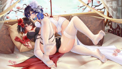 Rule 34 | 2girls, arms behind back, ass, ass cutout, bare shoulders, bed, black dress, black hair, blue eyes, blue hair, blue sky, breasts, butt crack, cameltoe, china dress, chinese clothes, cleavage, clothing cutout, dress, dual persona, duplicate, feet, flower, full body, gavin007, hair flower, hair ornament, highres, honkai (series), honkai impact 3rd, legs, looking at viewer, looking back, lying, m legs, multiple girls, on back, open mouth, panties, petals, pillow, red dress, red eyes, red hair, restrained, seele (alter ego), seele vollerei, seele vollerei (stygian nymph), short hair, sky, sleeveless, sleeveless dress, soles, spread legs, thighhighs, toes, underwear, white dress, white legwear, white panties