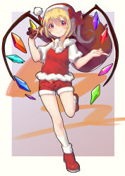 Rule 34 | 1girl, adapted costume, alternate headwear, ankle boots, blonde hair, boots, bow, carrying, closed mouth, crystal, flandre scarlet, full body, fur-trimmed boots, fur trim, hair between eyes, hair bow, hat, highres, kneehighs, leg up, looking at viewer, multicolored background, one side up, open fly, over shoulder, panties, panty peek, pink eyes, puffy short sleeves, puffy sleeves, purple panties, red bow, red footwear, red hat, red shorts, sack, santa hat, shiliuyexiaohei, short hair, short shorts, short sleeves, shorts, smile, socks, solo, standing, standing on one leg, tareme, touhou, unbuttoned, underwear, white socks, wings