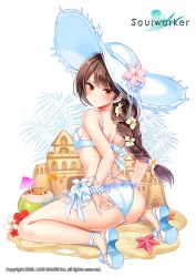 Rule 34 | 1girl, absurdres, ass, back, bare arms, bare shoulders, beach, bikini, bracelet, braid, breasts, brown hair, closed mouth, coconut, flower, from behind, frown, hair flower, hair ornament, hat, hat flower, highres, jewelry, lily (flower), lily bloomerchen, long hair, looking at viewer, looking back, maett, medium breasts, official art, orange eyes, platform footwear, platform heels, sand, sand castle, sand sculpture, sandals, shoe soles, single braid, sitting, solo, soulworker, starfish, sun hat, swimsuit, thighs, wariza, white bikini, white hat