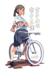 Rule 34 | 1girl, absurdres, backpack, bag, bicycle, black footwear, black hair, black skirt, blue sailor collar, closed mouth, commentary request, crossed arms, dark-skinned female, dark skin, gunbuster pose, highres, loafers, looking away, original, pleated skirt, ponytail, red eyes, sailor collar, school uniform, serafuku, shirt, shoes, short sleeves, skirt, solo, thick eyebrows, translation request, v-shaped eyebrows, white background, white shirt, yuuzii