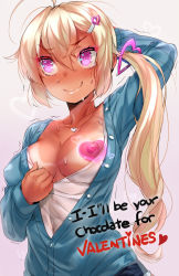 Rule 34 | 1girl, @ @, ahoge, bare shoulders, blonde hair, blush, breasts, clothes pull, collarbone, english text, frown, hair ornament, hairclip, heart, heart hair ornament, heart pasties, jacket, jewelry, lips, long hair, looking to the side, medium breasts, naso4, nervous, nose blush, open clothes, open jacket, pasties, pendant, pink eyes, shirt pull, side ponytail, sidelocks, smile, solo, sweat, tan, tanline, text focus, thighhighs, trembling, tsurime, wavy mouth
