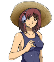 Rule 34 | 1girl, bare shoulders, blush, breasts, brown eyes, brown hair, covered erect nipples, female focus, gundam, gundam lost war chronicles, hat, headset, looking at viewer, mochi mame, noel anderson, one-piece swimsuit, simple background, smile, solo, swimsuit