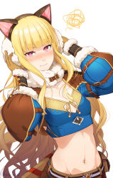 Rule 34 | 1girl, alternate costume, animal earmuffs, animal ears, belt, blonde hair, blue shirt, blunt bangs, blush, breasts, bright pupils, brown belt, brown gloves, brown shirt, cecil damon, closed mouth, commentary request, covering own ears, crop top, earmuffs, fake animal ears, fur-trimmed gloves, fur trim, gloves, highres, long hair, long sleeves, looking at viewer, masaki shino, medium bangs, midriff, navel, nose blush, pouch, puffy long sleeves, puffy sleeves, ragnarok online, red eyes, shirt, simple background, small breasts, solo, squiggle, two-tone shirt, upper body, white background, white pupils, wind hawk (ragnarok online)