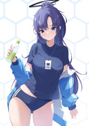 Rule 34 | 1girl, absurdres, blue archive, blue buruma, blue eyes, blue jacket, blue shirt, bottle, breasts, buruma, closed mouth, commentary, contrapposto, cowboy shot, double vertical stripe, fingernails, gym shirt, gym uniform, halo, highres, holding, holding bottle, id card, jacket, jacket partially removed, lanyard, light blush, long hair, long sleeves, mechanical halo, medium breasts, midriff peek, official alternate costume, open clothes, open jacket, ponytail, purple hair, shinshia (sinsia 0928), shirt, solo, star sticker, sticker on face, track jacket, very long hair, water bottle, yuuka (blue archive), yuuka (track) (blue archive)