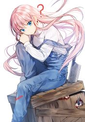 Rule 34 | 1girl, ?, @ @, artist name, barefoot, blood, blue eyes, blush, box, closed mouth, expressionless, head rest, in box, in container, knee up, knife, long sleeves, looking at viewer, original, overalls, simple background, sitting, solo focus, strap slip, sukja, sweater, tareme, turtleneck, turtleneck sweater, when you see it, white background, white sweater, wooden box