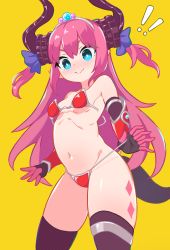 Rule 34 | 1girl, absurdres, blue eyes, bow, breasts, bright pupils, elbow gloves, elizabeth bathory (fate), elizabeth bathory (fate), fate/grand order, fate (series), female focus, gloves, hair bow, highres, long hair, navel, pink hair, purple bow, simple background, small breasts, smile, solo, thighhighs, tiara, two side up, white pupils, yellow background, znd.