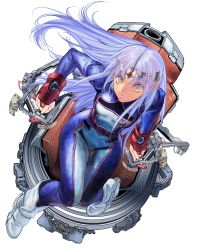 Rule 34 | 1girl, blue hair, bodysuit, boots, chair, highres, lafiel, long hair, looking at viewer, official art, pointy ears, seikai no senki, simple background, sitting, smile, solo, thigh gap, very long hair, white background, white footwear