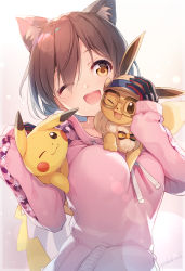 Rule 34 | 1girl, ;d, animal ear fluff, animal ears, black gloves, bow, breasts, brown-framed eyewear, brown bow, brown hair, carrying, commentary request, creatures (company), crossover, drawstring, eevee, game freak, gen 1 pokemon, glasses, gloves, hands up, head tilt, highres, hololive, long sleeves, looking at viewer, mechanical arms, medium breasts, nijihashi sora, nintendo, one eye closed, open mouth, pikachu, pink sweater, pokemon, pokemon (creature), roboco-san, roboco-san (hoodie), short hair, signature, sleeves past wrists, smile, striped, striped bow, sweater, teeth, upper body, virtual youtuber, yellow eyes