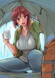 Rule 34 | 1girl, blush, breasts, brown eyes, brown hair, camping, cup, jpeg artifacts, knapsack, large breasts, looking at viewer, open mouth, rozen maiden, short hair, solo, souseiseki, sweater, tent, tsuda nanafushi