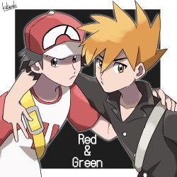 Rule 34 | 2boys, aged up, arm around shoulder, backpack, bag, baseball cap, black background, blue oak, blue oak (pokemon sm), brown eyes, brown hair, character name, creatures (company), game freak, hat, kuruto., male focus, multiple boys, nintendo, official style, orange eyes, orange hair, outside border, pokemon, pokemon sm, popped collar, red (pokemon), red (pokemon sm), shirt, signature, simple background, spiked hair, t-shirt, upper body, v