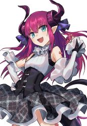 Rule 34 | 1girl, asymmetrical horns, blue eyes, breasts, corset, curled horns, dragon girl, dragon horns, dragon tail, dress, elizabeth bathory (fate), elizabeth bathory (fate/extra ccc), elizabeth bathory (second ascension) (fate), fang, fate/extra, fate/extra ccc, fate/grand order, fate (series), horns, layered dress, long hair, memna (renka roll), open mouth, pink hair, pointy ears, small breasts, solo, tail, uneven horns