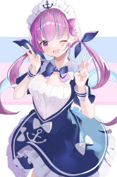 Rule 34 | 1girl, ;d, ahoge, anchor symbol, blue bow, blue eyes, blue hair, blunt bangs, blush, bow, bowtie, braid, breasts, double v, dress, dress bow, drill hair, hair bow, hands up, highres, hololive, long hair, looking at viewer, maid, maid headdress, medium breasts, minato aqua, minato aqua (1st costume), multicolored clothes, multicolored dress, one eye closed, open mouth, short sleeves, sidelocks, simple background, smile, solo, standing, tsukise miwa, v, virtual youtuber, white headwear, wristband