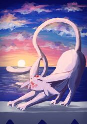 Rule 34 | 7 phi 3, animal focus, cat stretch, closed eyes, cloud, cloudy sky, creatures (company), dawn, espeon, forehead jewel, forked tail, game freak, gen 2 pokemon, highres, horizon, nintendo, no humans, open mouth, pokemon, pokemon (creature), sky, smile, stretching, sun, tail, teeth