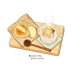 Rule 34 | board, bread, commentary, cyannism, english commentary, english text, food, food focus, napkin, no humans, original, simple background, spoon, steam, stew, white background
