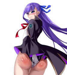 Rule 34 | 10s, 1girl, alternate costume, angry, ass, bad id, bad pixiv id, bb (fate), bb (fate) (cosplay), bb (fate/extra), black cape, blue eyes, blush, breasts, cape, clenched teeth, clothes pull, cosplay, covering privates, covering ass, dress pull, fate/extra, fate/extra ccc, fate/grand order, fate (series), from behind, gloves, hair ribbon, high collar, highres, kairopoda, leotard, long hair, looking at viewer, looking back, looking down, meltryllis (fate), purple hair, ribbon, shiny skin, simple background, skirt, skirt tug, small breasts, solo, spanked, tears, teeth, very long hair, wavy mouth, white background