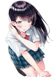 Rule 34 | 1girl, all fours, black footwear, black hair, blue skirt, blush, bow, bowtie, brown eyes, collared shirt, commentary, tucking hair, kinugasa yuuichi, loafers, long hair, looking at viewer, original, plaid, plaid skirt, pleated skirt, red bow, red bowtie, school uniform, shirt, shoes, short sleeves, simple background, skirt, smile, solo, white background, white shirt
