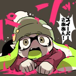 Rule 34 | 1girl, brown eyes, fang, female inkling, green hair, grey background, ink, inkling, inkling girl, inkling player character, lowres, lying, nana (raiupika), nintendo, on stomach, open mouth, simple background, solo, splatoon (series), splatoon 1, tears, tentacle hair, translation request