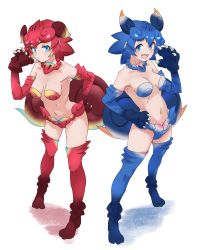 Rule 34 | 2girls, :d, absurdres, animal hands, blue eyes, blue footwear, blue gloves, blue hair, boots, breasts, claws, commentary, elbow gloves, fang, full body, gloves, hair between eyes, hand on own hip, hand up, highres, jewelry, kemono friends, looking at viewer, medium breasts, multiple girls, navel, necklace, open mouth, paw gloves, paw shoes, red footwear, red gloves, red hair, shiisaa lefty, shiisaa right, short hair, simple background, smile, tanabe (fueisei), thigh boots, thighhighs, white background