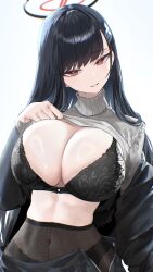 Rule 34 | 1girl, absurdres, black bra, black hair, black pantyhose, blue archive, blunt bangs, blush, bra, breasts, cleavage, clothes lift, covered navel, hair ornament, hairclip, halo, highres, kazane-wind, large breasts, lifted by self, long hair, long sleeves, looking at viewer, pantyhose, red eyes, rio (blue archive), simple background, smile, solo, sweater, sweater lift, turtleneck, turtleneck sweater, underwear, very long hair, white background, white sweater