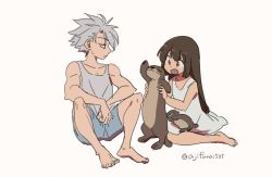 Rule 34 | 1boy, 1girl, :d, aged down, animal, asaya minoru, bare arms, bare shoulders, barefoot, blue shorts, brown eyes, brown hair, chipp zanuff, dress, grey background, grey hair, grey tank top, guilty gear, guilty gear strive, holding, holding animal, knees up, long hair, may (guilty gear), open mouth, otter, profile, short shorts, shorts, simple background, sitting, sleeveless, sleeveless dress, smile, tank top, twitter username, very long hair, white dress