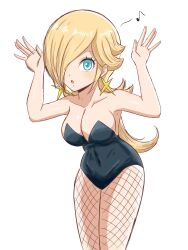 Rule 34 | 1girl, bare shoulders, black leotard, blonde hair, breasts, cleavage, collarbone, commentary request, covered navel, cowboy shot, earrings, fishnet pantyhose, fishnets, hair over one eye, highres, jewelry, large breasts, leotard, long hair, looking at viewer, mario (series), musical note, nintendo, open mouth, pantyhose, playboy bunny, rabbit pose, rosalina, solo, star (symbol), star earrings, strapless, strapless leotard, super mario galaxy, white background, yass 8mk