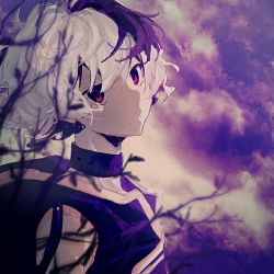 Rule 34 | 1girl, branch, chinese commentary, choker, cloud, commentary request, flower (vocaloid), huaji niang, multicolored hair, parted lips, purple eyes, purple hair, purple theme, purple vest, solo, streaked hair, tears, upper body, flower (vocaloid4), vest, vocaloid, white hair