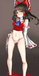 Rule 34 | 1girl, ascot, bare shoulders, black hair, blush, borderlands (series), bow, claptrap, clothes pull, commentary request, crayon (medium), detached sleeves, grey background, grey eyes, hair bow, hair tubes, hakurei reimu, navel, no pants, panties, shirt, side-tie panties, skirt, skirt pull, solo, stomach, touhou, traditional media, underwear, untied panties, white panties, wide sleeves, zibun owl