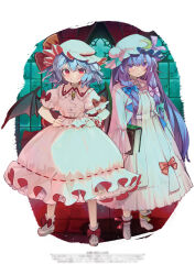 Rule 34 | 2girls, bat wings, blue bow, blue hair, blush, bow, bubble skirt, crescent, dress, hat, hat ribbon, jewelry, long hair, looking at viewer, mob cap, multiple girls, patchouli knowledge, petticoat, puffy sleeves, purple eyes, purple hair, red bow, red eyes, red ribbon, remilia scarlet, ribbon, shoes, short hair, skirt, smile, socks, standing, syuri22, touhou, wings