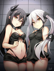 Rule 34 | &gt;:(, 2girls, absurdres, bare arms, bare shoulders, black dress, black hair, black shorts, blush, breasts, brown eyes, cameltoe, chrisandita, cleavage, closed mouth, commentary, covered navel, cowboy shot, destroyer (girls&#039; frontline), dress, english commentary, girls&#039; frontline, groin, hair between eyes, head tilt, headgear, highres, judge (girls&#039; frontline), long hair, looking at viewer, medium breasts, multiple girls, navel, parted lips, sangvis ferri, short shorts, shorts, signature, silver hair, sleeveless, sleeveless dress, twintails, v-shaped eyebrows, very long hair