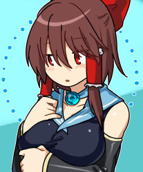 Rule 34 | 1girl, arm under breasts, black sleeves, blue background, blue gemstone, blue sailor collar, blush, bow, breasts, brown hair, commentary request, cookie (touhou), detached sleeves, frilled hair tubes, frills, gem, grey one-piece swimsuit, hair between eyes, hair bow, hair tubes, hakurei reimu, highres, kakusou, large breasts, long bangs, looking to the side, one-piece swimsuit, open mouth, red bow, red eyes, reu (cookie), sailor collar, sailor one-piece swimsuit, short hair with long locks, sidelocks, solo, swimsuit, touhou, upper body