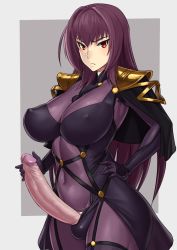 Rule 34 | 1futa, armor, bodysuit, breasts, commentary, covered erect nipples, cowboy shot, erection, fate/grand order, fate (series), full-package futanari, futanari, gold trim, large breasts, large penis, long hair, looking at viewer, mikoyan, penis, purple bodysuit, purple hair, red eyes, scathach (fate), shoulder armor, simple background, skin tight, solo, standing, sweatdrop, uncensored