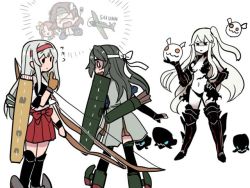 Rule 34 | &gt; &lt;, 5girls, abyssal ship, aircraft, aircraft carrier princess, airplane, armor, armored boots, black panties, boots, bow (weapon), chiyoda (kancolle), commentary request, elbow gloves, enemy aircraft (kancolle), flight deck, flying sweatdrops, from behind, gloves, grey hair, hairband, hakama, hakama short skirt, hakama skirt, hand on own hip, japanese clothes, kagerou (kancolle), kantai collection, long hair, multiple girls, muneate, navel, o o, panties, partially fingerless gloves, partly fingerless gloves, quiver, shoukaku (kancolle), side ponytail, simple background, skirt, standing, terrajin, thighhighs, torn clothes, underwear, weapon, white background, white hair, white skirt, yugake, zuikaku (kancolle)