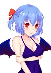 Rule 34 | 1girl, alternate breast size, alternate costume, alternate hairstyle, bare arms, bare shoulders, bat wings, blue dress, blue hair, blush, bow, breast hold, breasts, cleavage, commentary request, covered navel, dress, fang, fang out, hair between eyes, hair bow, halter dress, halterneck, highres, kurenai (anohitop), looking at viewer, medium breasts, no headwear, red bow, red eyes, remilia scarlet, short hair, short ponytail, simple background, smile, solo, touhou, upper body, white background, wings