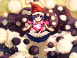 Rule 34 | 1girl, berabou, blob, blue hair, blurry, book, capelet, doremy sweet, dress, hat, looking at viewer, md5 mismatch, nightcap, open book, pom pom (clothes), purple eyes, resized, short hair, solo, touhou