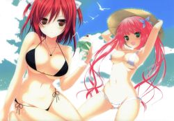 Rule 34 | 2girls, :d, absurdres, armpits, arms up, bikini, black bikini, breasts, brown eyes, cherry, cleavage, collarbone, day, drink, food, frilled bikini, frills, fruit, green eyes, hands on headwear, hat, highres, jewelry, large breasts, long hair, looking at viewer, makita maki, micro bikini, multiple girls, navel, necklace, open mouth, original, pendant, pink hair, red hair, scan, side-tie bikini bottom, sky, smile, strap gap, straw hat, swimsuit, twintails, two side up, very long hair, white bikini