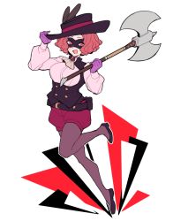 Rule 34 | 1girl, ascot, axe, battle axe, belt, black belt, black feathers, black footwear, black hat, black mask, brown eyes, brown hair, buttons, do m kaeru, domino mask, feathers, gloves, hat, hat feather, holding, holding axe, holding weapon, long sleeves, looking at viewer, mask, okumura haru, open mouth, pantyhose, persona, persona 5, purple gloves, red shorts, short hair, shorts, smile, solo, weapon