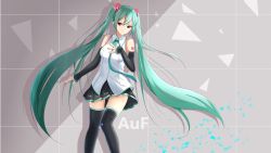 Rule 34 | 1girl, against wall, aqua hair, artist name, bare shoulders, chinese commentary, commentary request, detached sleeves, devil fish, feet out of frame, hair ornament, hand on own chest, hatsune miku, hatsune miku (vocaloid4), head tilt, light smile, long hair, looking at viewer, necktie, pleated skirt, red eyes, shadow, shirt, shoulder tattoo, skirt, sleeveless, sleeveless shirt, smirk, solo, tattoo, thighhighs, tsurime, twintails, very long hair, vocaloid, white shirt, zettai ryouiki