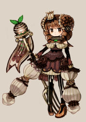 Rule 34 | 1girl, absurdres, bad id, bad pixiv id, belt pouch, black pantyhose, brown dress, brown eyes, brown gloves, brown hair, cross print, crown, dress, drill hair, expressionless, eyebrows, flag, fondant au chocolat, food-themed clothes, fork, full body, gem, gloves, grey background, hair ornament, high heels, highres, karasumi (susyounoame), neck ruff, original, oversized object, pantyhose, pearl (gemstone), personification, pocketland, pouch, scrunchie, solo, standing, twin drills