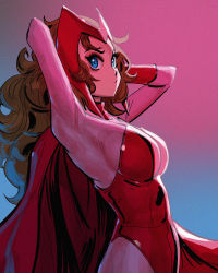 Rule 34 | 1girl, animification, armpits, arms behind head, avengers (series), blue eyes, bodysuit, breasts, brown hair, cowboy shot, davecavedraws, gloves, gradient background, highres, large breasts, leotard, long hair, marvel, pink bodysuit, red gloves, red leotard, scarlet witch, solo