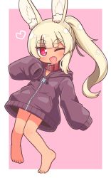 Rule 34 | 1girl, ;d, animal ear fluff, animal ears, barefoot, blonde hair, collar, commentary request, etrian odyssey, fang, full body, heart, heart-shaped pupils, highres, hood, hood down, hooded jacket, jacket, knees together feet apart, long sleeves, looking at viewer, masurao (sekaiju), masurao 2 (sekaiju), naga u, one eye closed, open mouth, pink background, ponytail, puffy long sleeves, puffy sleeves, purple jacket, rabbit ears, red collar, red eyes, sekaiju no meikyuu, sekaiju no meikyuu 5, short eyebrows, sleeves past fingers, sleeves past wrists, smile, solo, symbol-shaped pupils, thick eyebrows, two-tone background, white background