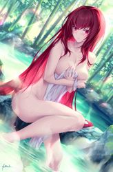 Rule 34 | 1girl, bamboo, bamboo forest, bathing, blush, breasts, collarbone, covering privates, day, fate/grand order, fate (series), forest, hair intakes, hand on own chest, hip focus, kousaki rui, large breasts, legs, long hair, looking at viewer, naked towel, nature, nude, nude cover, open mouth, purple hair, red eyes, scathach (fate), signature, solo, steam, sunlight, thighs, towel, wet