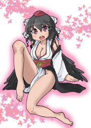 Rule 34 | 1girl, :d, bad id, bad pixiv id, barefoot, bird wings, blush, breasts, cleavage, collarbone, commentary request, full body, hat, kourindou tengu costume, large breasts, legs, looking at viewer, no bra, no panties, obi, odochi (1or8), odochin, open mouth, outline, purple eyes, sash, shameimaru aya, smile, solo, tokin hat, touhou, wings