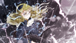 Rule 34 | 1girl, animal ears, ascot, blonde hair, blue jacket, cat ears, closed mouth, commentary, electricity, flying, frown, glasses, grey-framed eyewear, gun, highres, holding, holding gun, holding weapon, jacket, kaya (nari1-24), lightning, long hair, long sleeves, looking to the side, machine gun, military, military uniform, perrine h. clostermann, rain, solo, storm, strike witches, uniform, weapon, wet, wet hair, white ascot, wind, world witches series, yellow eyes