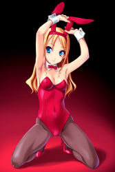 Rule 34 | 1girl, animal ears, armpits, arms up, blonde hair, blue eyes, breasts, rabbit ears, playboy bunny, cleavage, detached collar, covered erect nipples, fake animal ears, fingernails, high heels, highres, kneeling, long hair, norizou type-r, original, pantyhose, shoes, smile, solo, wrist cuffs