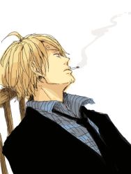 Rule 34 | 1boy, black suit, blonde hair, blue shirt, chair, formal, looking away, male focus, necktie, one piece, sanji (one piece), shirt, sitting, slouch, smoking, solo, suit