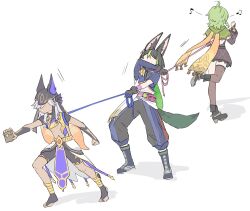 Rule 34 | 1girl, 2boys, ahoge, animal ears, animal hat, arm up, asymmetrical legwear, asymmetrical sleeves, black hair, boots, capelet, collei (genshin impact), commentary request, cyno (genshin impact), dark-skinned male, dark skin, dress, faceless, faceless male, full body, genshin impact, green hair, grey hair, hat, highres, himeko (nico6v6pachi), holding, holding leash, leash, leash pull, long hair, long sleeves, medium hair, multicolored hair, multiple boys, musical note, outstretched arm, pants, pulling, scarf, shirt, short dress, short sleeves, shorts, standing, tail, thighhighs, tighnari (genshin impact), toeless footwear, two-tone hair, uneven sleeves, walking