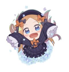 Rule 34 | 1girl, :d, abigail williams (fate), arms up, black bow, black dress, black hat, blonde hair, blue eyes, blush, bow, bug, butterfly, chibi, dress, fate/grand order, fate (series), from above, full body, hair bow, hat, insect, long hair, long sleeves, looking at viewer, looking up, open mouth, orange bow, outstretched arms, parted bangs, polka dot, polka dot bow, sleeves past fingers, sleeves past wrists, smile, solo, totatokeke, very long hair, white background